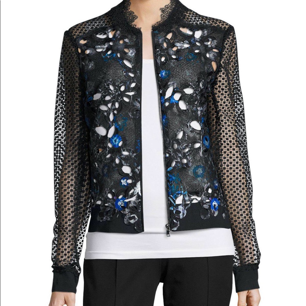Elie Tahari Lace Sleeve Floral Bomber Jacket